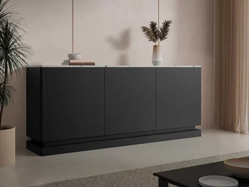 Aparador 3 Portas Com Leds Em Mdf Preto E Efeito Marmore Branco - Devika De Pascal Morabito