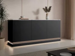 Aparador 3 Portas Com Leds Em Mdf Preto E Efeito Marmore Branco - Devika De Pascal Morabito