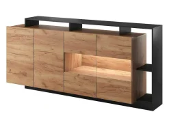 Aparador 4 Portas E 4 Nichos Com Leds, Natural Claro E Antracite - Idesia