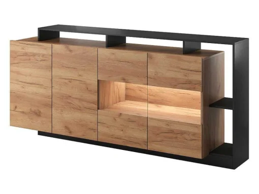 Aparador 4 Portas E 4 Nichos Com Leds, Natural Claro E Antracite - Idesia