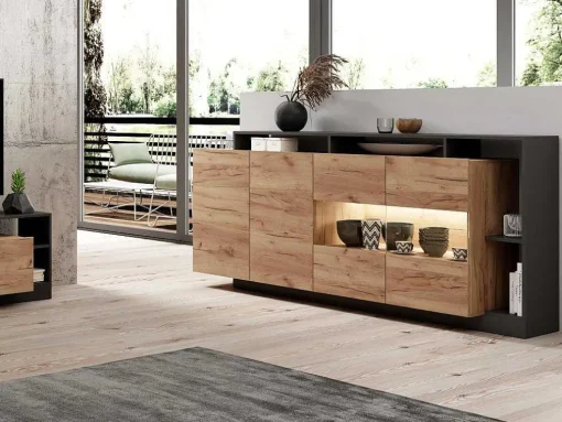 Aparador 4 Portas E 4 Nichos Com Leds, Natural Claro E Antracite - Idesia