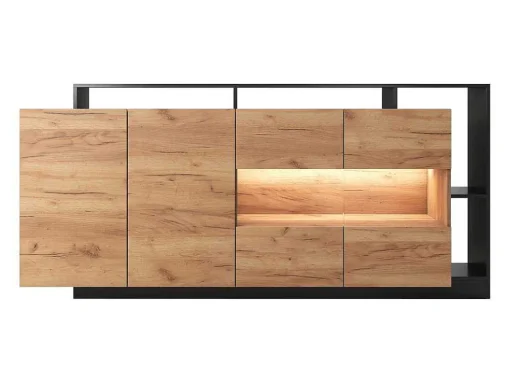 Aparador 4 Portas E 4 Nichos Com Leds, Natural Claro E Antracite - Idesia