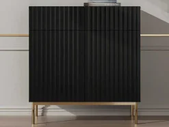 Aparador Alto Com 2 Portas E 2 Gavetas Em Mdf E Aco, Preto E Dourado - Evilana