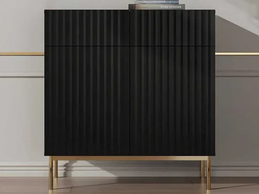 Aparador Alto Com 2 Portas E 2 Gavetas Em Mdf E Aco, Preto E Dourado - Evilana