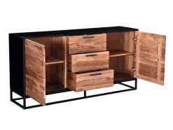 Aparador Com 3 Gavetas E 2 Portas Em Madeira De Acacia E Metal, Natural Escuro E Preto - Alyona