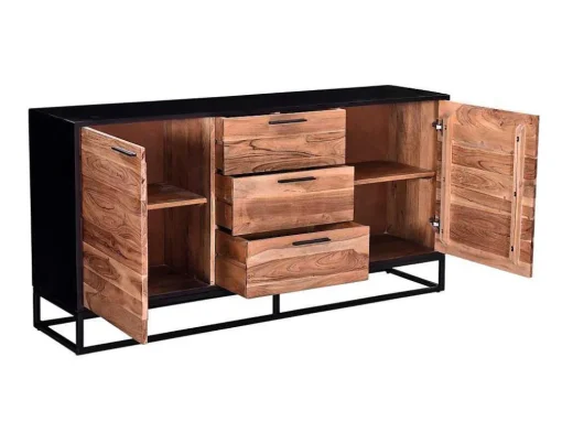 Aparador Com 3 Gavetas E 2 Portas Em Madeira De Acacia E Metal, Natural Escuro E Preto - Alyona
