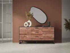 Aparador Com 3 Gavetas E 2 Portas Em Madeira De Acacia E Metal, Natural Escuro E Preto - Alyona