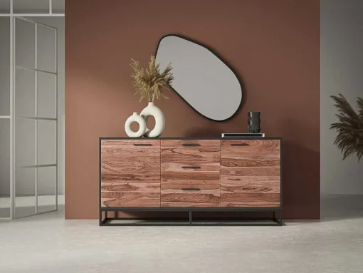 Aparador Com 3 Gavetas E 2 Portas Em Madeira De Acacia E Metal, Natural Escuro E Preto - Alyona