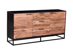 Aparador Com 3 Gavetas E 2 Portas Em Madeira De Acacia E Metal, Natural Escuro E Preto - Alyona