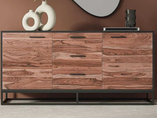 Aparador Com 3 Gavetas E 2 Portas Em Madeira De Acacia E Metal, Natural Escuro E Preto - Alyona