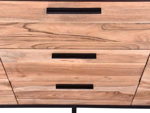 Aparador Com 3 Gavetas E 2 Portas Em Madeira De Acacia E Metal, Natural Escuro E Preto - Alyona