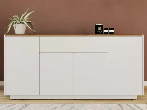 Aparador Com 4 Portas E 1 Gaveta Disponivel Em Branco E Carvalho - Mdf Lacado A Branco - Amani