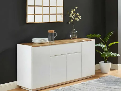 Aparador Com 4 Portas E 1 Gaveta Disponivel Em Branco E Carvalho - Mdf Lacado A Branco - Amani