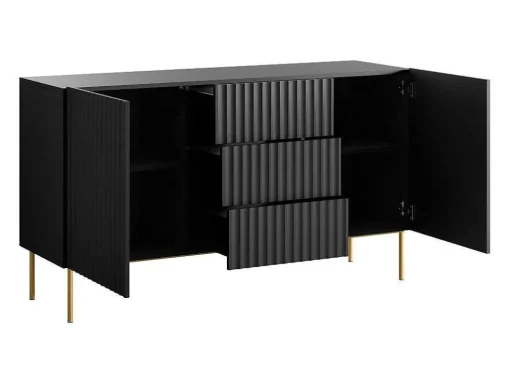 Aparador Com 2 Portas E 3 Gavetas Em Mdf E Aco, Preto E Dourado - Evilana