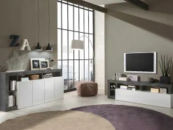 Aparador Com 4 Portas E 4 Nichos Lacado A Branco E Cinza Cimento - Sefro