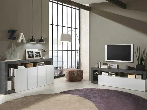 Aparador Com 4 Portas E 4 Nichos Lacado A Branco E Cinza Cimento - Sefro