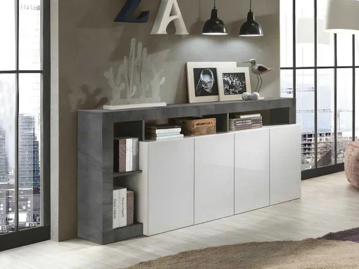 Aparador Com 4 Portas E 4 Nichos Lacado A Branco E Cinza Cimento - Sefro