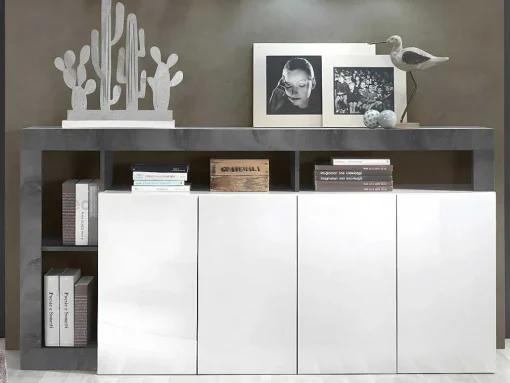 Aparador Com 4 Portas E 4 Nichos Lacado A Branco E Cinza Cimento - Sefro
