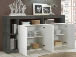 Aparador Com 4 Portas E 4 Nichos Lacado A Branco E Cinza Cimento - Sefro