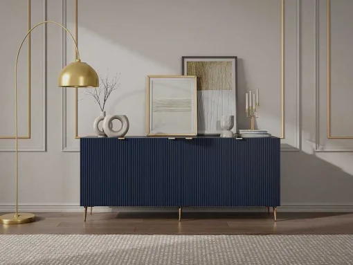 Aparador Com 4 Portas Em Mdf E Aco Azul E Dourado - Yesinia