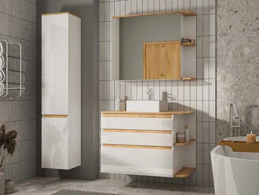 Armário De Parede De Casa De Banho Com Espelhos Cor Natural Clara E Branca 94 Cm - Anida