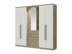 Armário Isak - 4 Portas - Espelho E Gavetas - L240Cm - Carvalho E Marfim:
