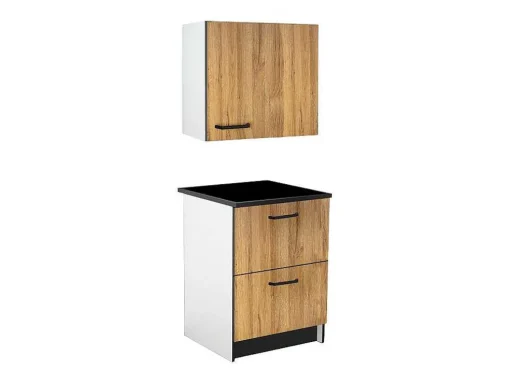 Armários De Cozinha, 1 Móvel Baixo E 1 Móvel Alto, 2 Gavetas E 1 Porta Cor Natural E Preto - Trattoria