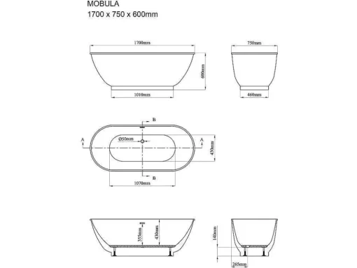 Banheira Clássica Oval De 240 L Dimensoes 170 X 75 X 60 Cm Cor Branco Em Acrilico - Mobula