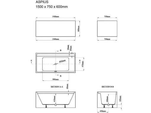 Banheira Clássica Retangular De 232 L Dimensoes 150 X 75 X 60 Cm Cor Branco Em Acrilico - Aspius