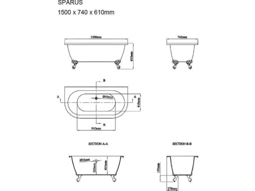 Banheira Semi-Clássica Retro Com Pés De 154 L Dimensoes 150 X 74 X 61 Cm Cor Branco Em Acrilico - Sparus