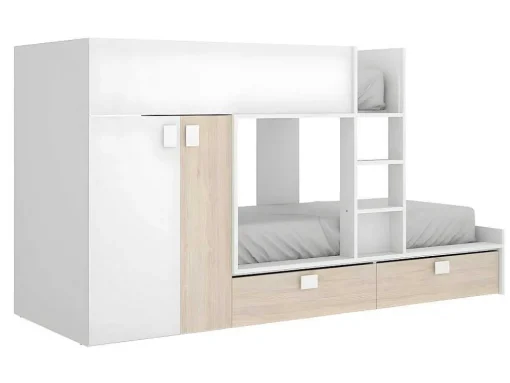 Beliche Com Armário Integrado De 2 X 90 X 190 Cm Cor Branco E Natural + Colchão - Juanito