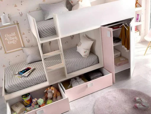 Beliche Com Armário Integrado De 2 X 90 X 190 Cm Cor Branco, Natural E Cor-De-Rosa + Colchão - Juanito