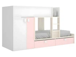 Beliche Com Armário Integrado De 2 X 90 X 190 Cm Cor Branco, Natural E Cor-De-Rosa + Colchão - Juanito