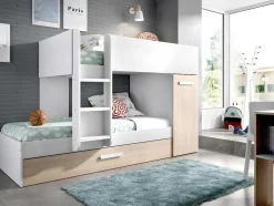 Beliche Com Gaveta Cama Dupla E Com Espacos De Arrumação 3X90X190 Cm Cor Branco E Natural + Colchões - Anthony