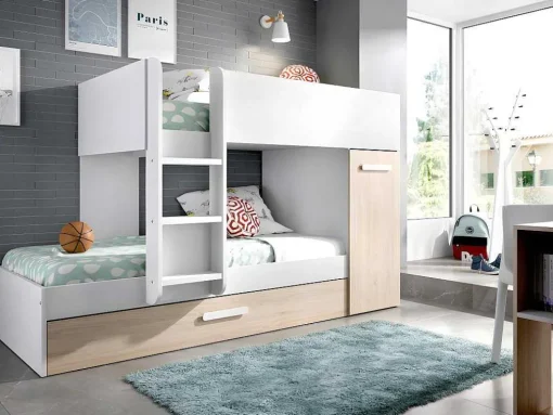 Beliche Com Gaveta Cama Dupla E Com Espacos De Arrumação 3X90X190 Cm Cor Branco E Natural + Colchões - Anthony