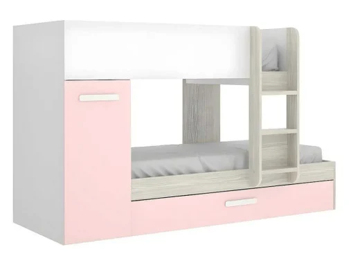 Beliche Com Gaveta Cama Dupla E Com Espacos De Arrumação 3X90X190 Cm Cor Branco, Natural E Rosa + Colchões - Anthony