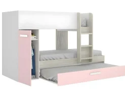 Beliche Com Gaveta Cama Dupla E Com Espacos De Arrumação 3X90X190 Cm Cor Branco, Natural E Rosa + Colchões - Anthony