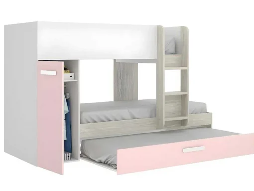 Beliche Com Gaveta Cama Dupla E Com Espacos De Arrumação 3X90X190 Cm Cor Branco, Natural E Rosa + Colchões - Anthony