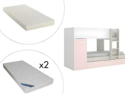 Beliche Com Gaveta Cama Dupla E Com Espacos De Arrumação 3X90X190 Cm Cor Branco, Natural E Rosa + Colchões - Anthony