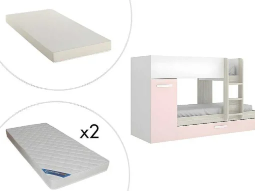 Beliche Com Gaveta Cama Dupla E Com Espacos De Arrumação 3X90X190 Cm Cor Branco, Natural E Rosa + Colchões - Anthony