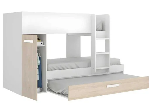 Beliche Com Gaveta Cama Dupla E Com Espacos De Arrumação 3X90X190 Cm Cor Branco E Natural + Colchões - Anthony