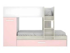 Beliche Com Gaveta Cama Dupla E Com Espacos De Arrumação 3X90X190 Cm Cor Branco, Natural E Rosa + Colchões - Anthony