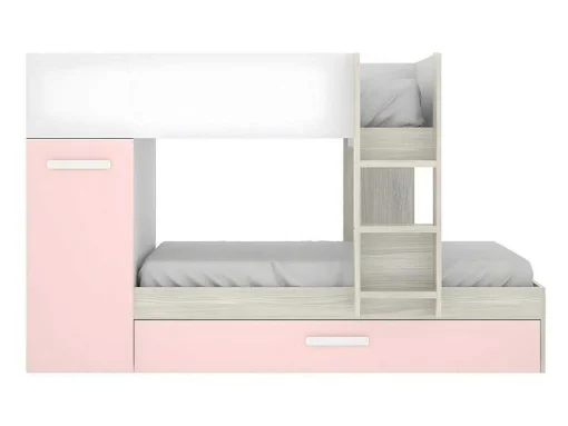Beliche Com Gaveta Cama Dupla E Com Espacos De Arrumação 3X90X190 Cm Cor Branco, Natural E Rosa + Colchões - Anthony