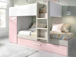 Beliche Com Gaveta Cama Dupla E Com Espacos De Arrumação 3X90X190 Cm Cor Branco, Natural E Rosa + Colchões - Anthony