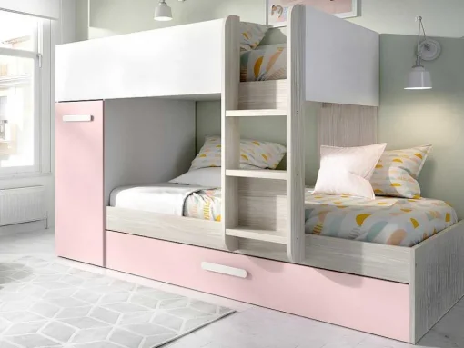 Beliche Com Gaveta Cama Dupla E Com Espacos De Arrumação 3X90X190 Cm Cor Branco, Natural E Rosa + Colchões - Anthony