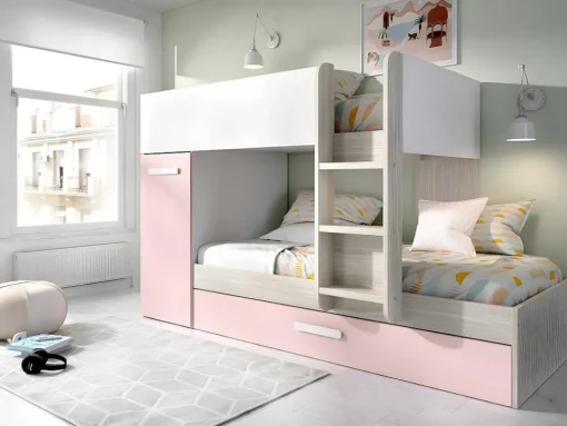 Beliche Com Gaveta Cama Dupla E Com Espacos De Arrumação 3X90X190 Cm Cor Branco, Natural E Rosa + Colchões - Anthony