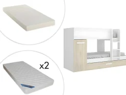 Beliche Com Gaveta Cama Dupla E Com Espacos De Arrumação 3X90X190 Cm Cor Branco E Natural + Colchões - Anthony
