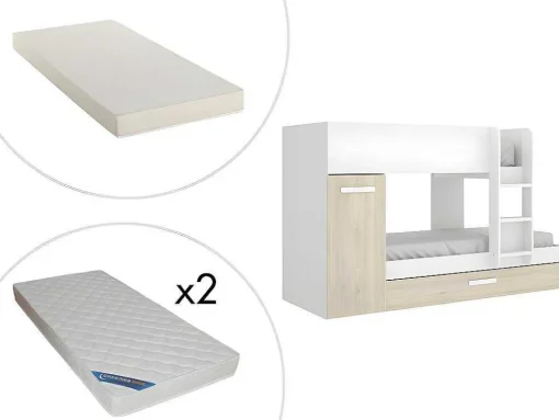 Beliche Com Gaveta Cama Dupla E Com Espacos De Arrumação 3X90X190 Cm Cor Branco E Natural + Colchões - Anthony