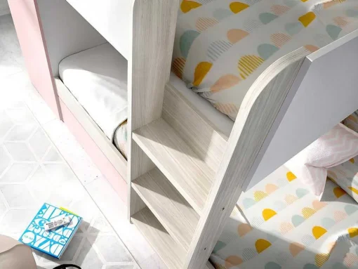 Beliche Com Gaveta Cama Dupla E Com Espacos De Arrumação 3X90X190 Cm Cor Branco, Natural E Rosa + Colchões - Anthony