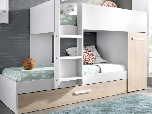 Beliche Com Gaveta Cama Dupla E Com Espacos De Arrumação 3X90X190 Cm Cor Branco E Natural + Colchões - Anthony